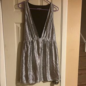 Express Shimmering Silver Deep V Dress